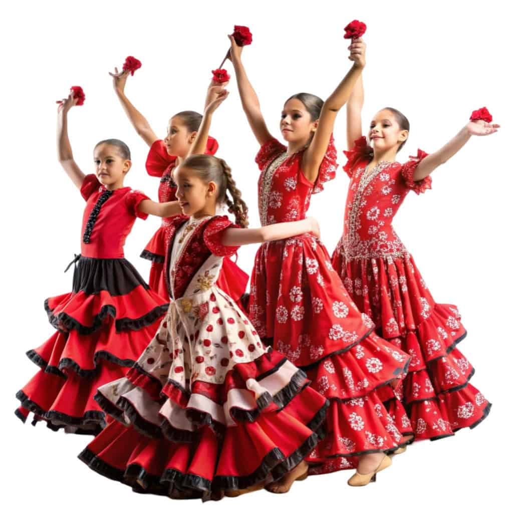 Bailarinas infantiles en trajes tradicionales andaluces con flores rojas.